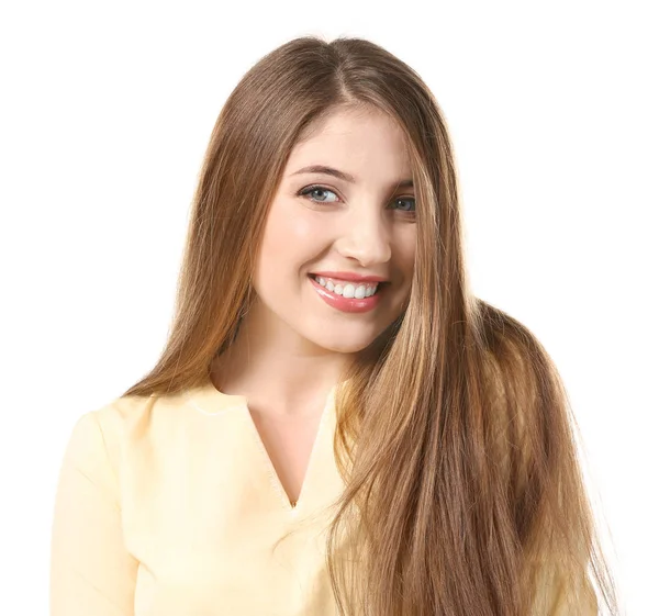 Portrait of beautiful smiling woman on white background — Stock Photo, Image