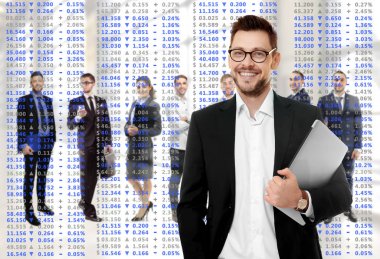 Broker and his team with stock exchange quotes on background clipart