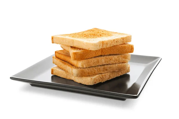 Piatto con pane tostato su sfondo bianco — Foto Stock