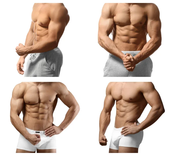 Collage mit muskulösen jungen Bodybuildern auf weißem Hintergrund — Stockfoto