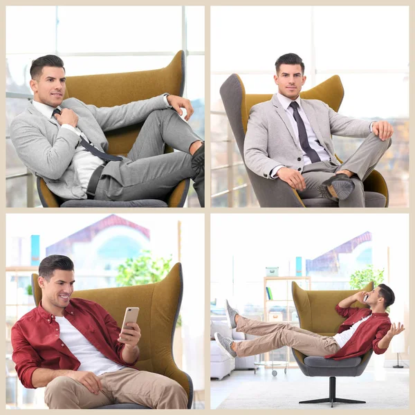 Set with men sitting in comfortable armchairs indoors — Stock Photo, Image