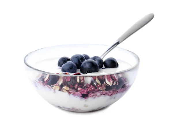 Yoghurt met Haver vlokken en bosbes op witte achtergrond — Stockfoto