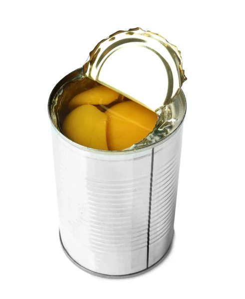 Can with pickled apricots on white background — Stock Photo, Image