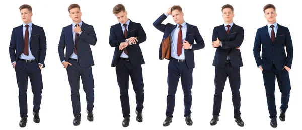 Koláž s mladý pohledný muž v elegantním obleku pózuje na bílém pozadí — Stock fotografie