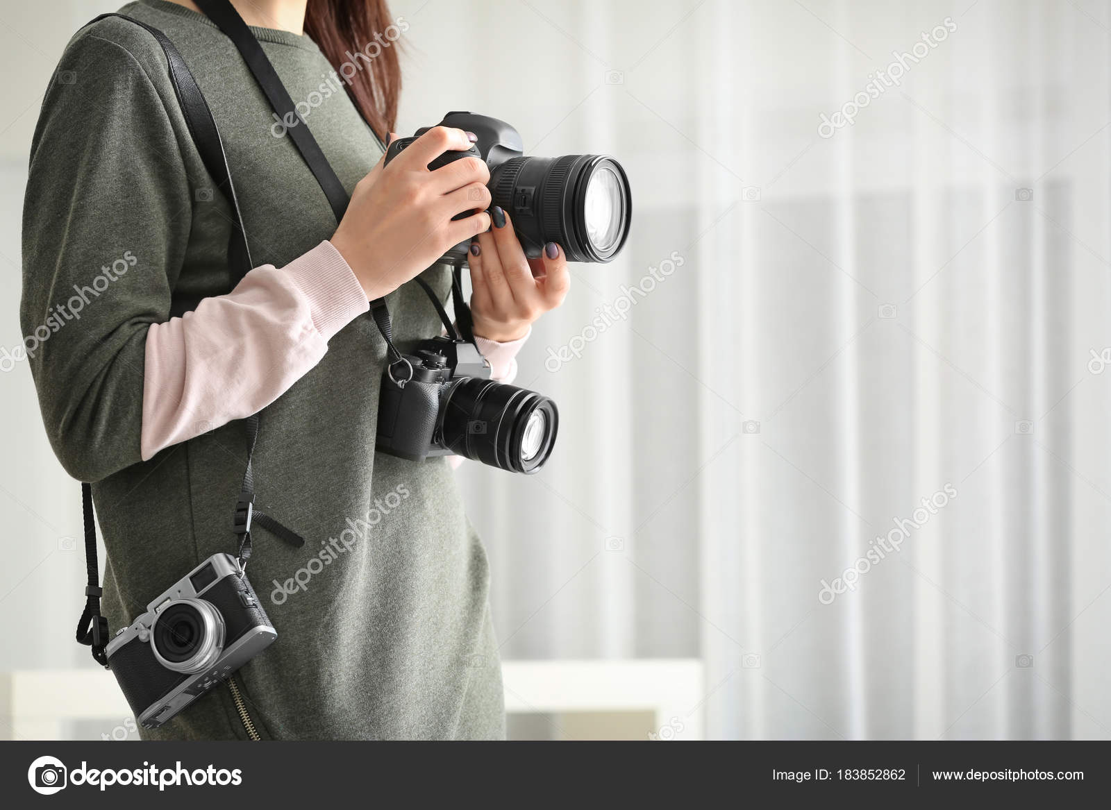 Young Photographer Cameras Indoors — Stock Photo © belchonock 183852862