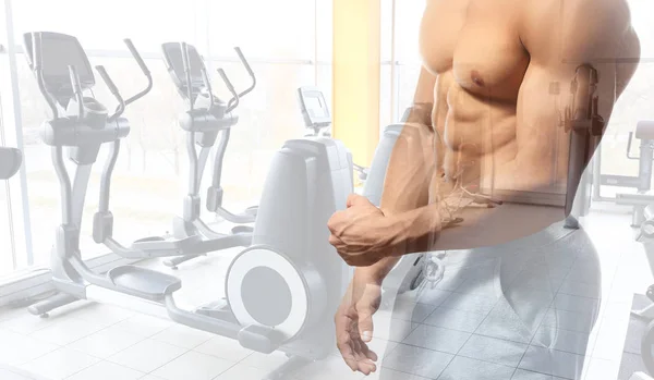 Double exposure of muscular bodybuilder and gym interior — Stock Photo, Image