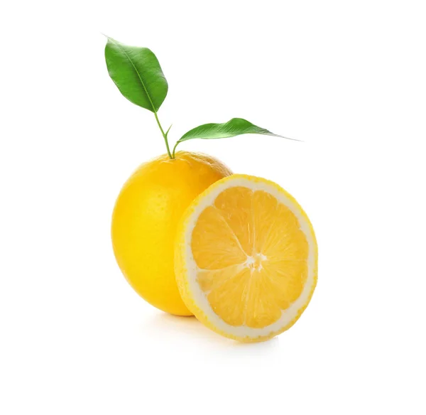 Fresh ripe lemon with leaves on white background — Stock Photo, Image