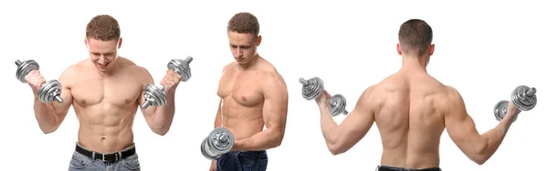 Collage de musculoso joven culturista con mancuernas sobre fondo blanco — Foto de Stock