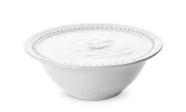 Sabroso yogur en plato sobre fondo blanco —  Fotos de Stock