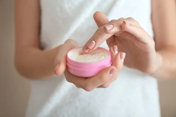 Young Woman Jar Hand Cream Closeup — Stock Photo, Image