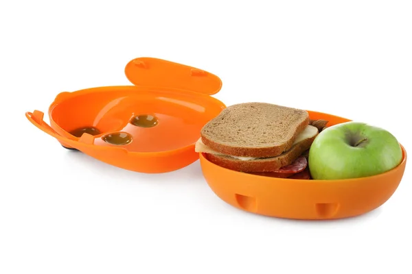 Food for schoolchild in lunch box on white background — Stock Photo, Image