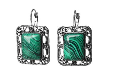 Beautiful earrings with malachite isolated on white clipart