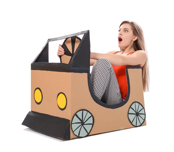 Young Woman Playing Cardboard Auto White Background Concept Buying New — Stock Photo, Image