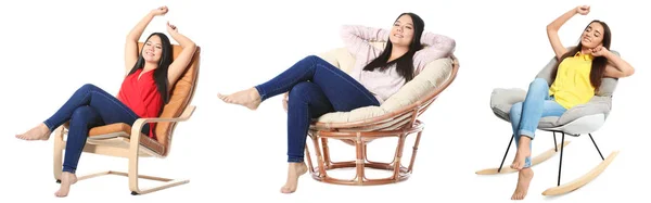 Set Met Jonge Vrouwen Zitten Comfortabele Fauteuils Witte Achtergrond — Stockfoto