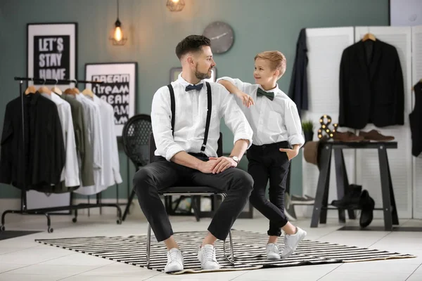Father Son Elegant Suits Indoors — Stock Photo, Image