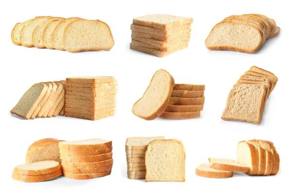 Set with slices of bread for toasting on white background — Stock Photo, Image