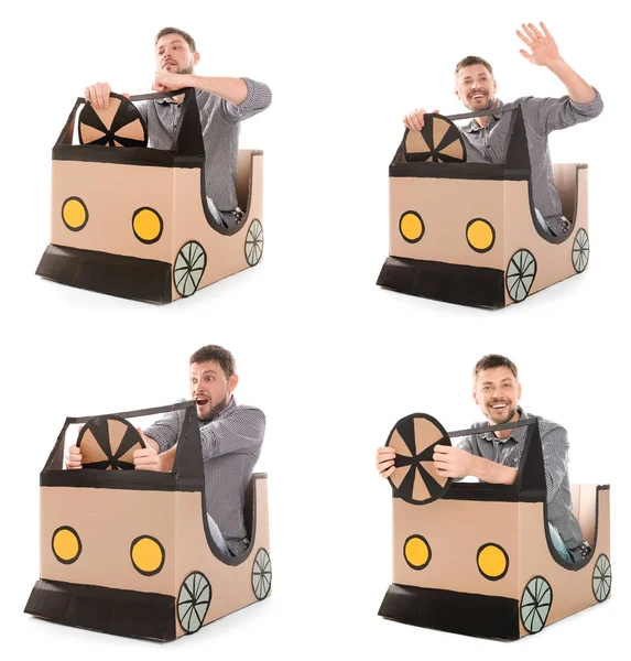 Collage Van Volwassen Man Spelen Met Kartonnen Auto Witte Achtergrond — Stockfoto
