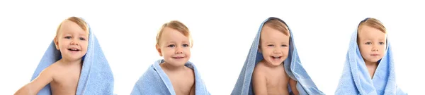Kolaż Ładny Mały Chłopiec Ręcznik Białym Tle — Zdjęcie stockowe