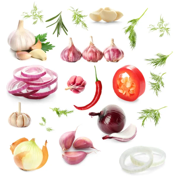 Garlic and other vegetables and herbs on white background — Stock Image Garlic and other vegetables and herbs on white background Stock Image