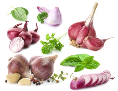Garlic with onion and herbs on white background clipart