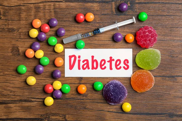 Composition Word Diabetes Sweets Syringe Wooden Background — Stock Photo, Image