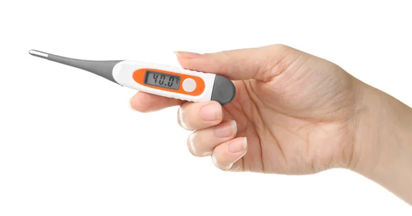 Woman holding digital thermometer — Stock Photo, Image
