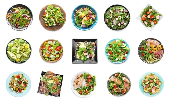 Set mit verschiedenen schmackhaften Salaten — Stockfoto