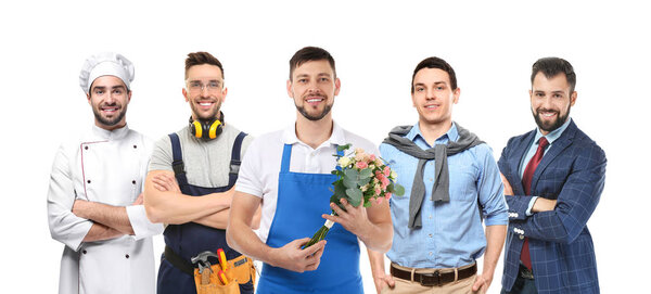 Collage with owners of different small businesses on white background