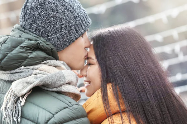 Cute Couple Warm Clothes Outdoors — Stock Photo, Image