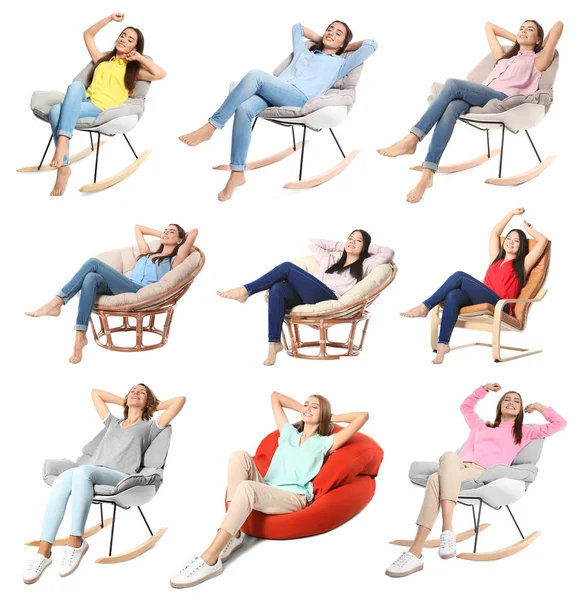 Zestaw Młodych Kobiet Siedząc Wygodnych Fotelach Białym Tle — Zdjęcie stockowe