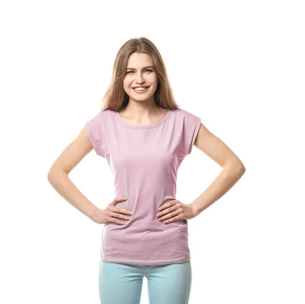 Giovane donna in elegante t-shirt — Foto Stock