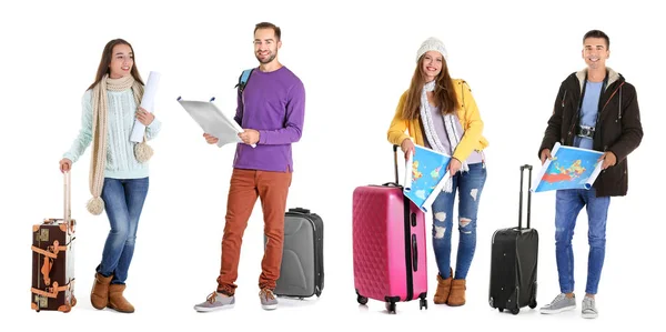 Conjunto Jóvenes Turistas Con Equipaje Sobre Fondo Blanco — Foto de Stock