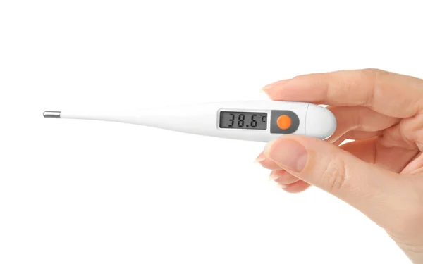 Vrouw met digitale thermometer op witte achtergrond — Stockfoto