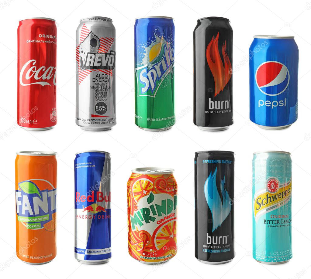 KYIV, UKRAINE - SEPTEMBER 18, 2017: Cans with drinks of different popular brands on white background