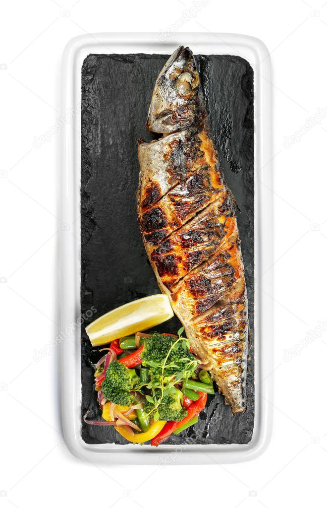 Slate plate with tasty grilled fish  