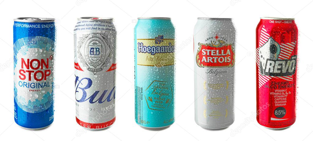 KYIV, UKRAINE - SEPTEMBER 18, 2017: Cans with drinks of different popular brands on white background