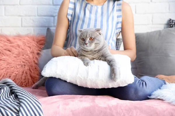 Jonge Vrouw Met Schattig Huisdier Kat Sofa Thuis — Stockfoto