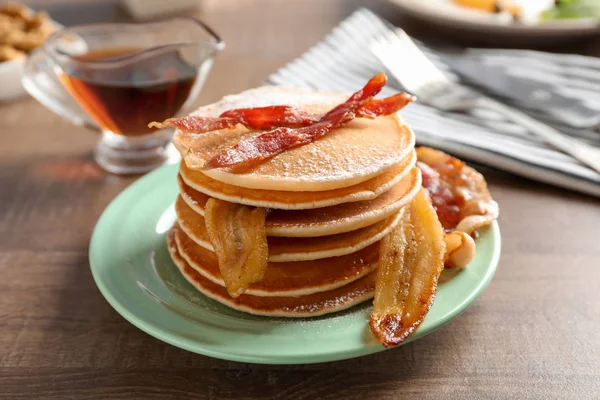 Tasty Pancakes Bacon Banana Table — Stock Photo, Image