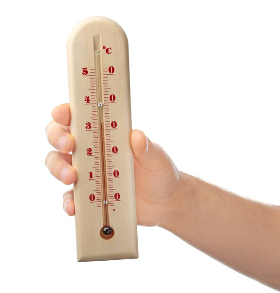 Woman holding weather thermometer on white background — Stock Photo, Image