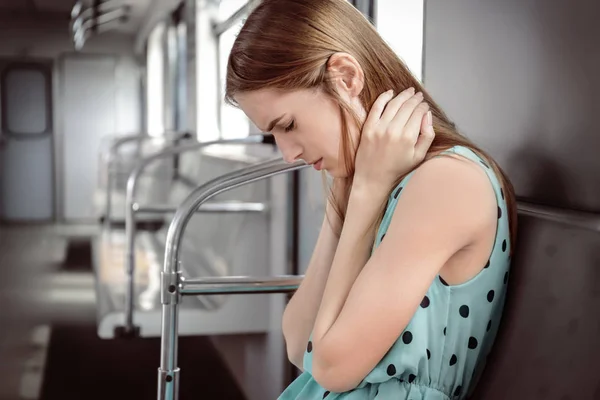 Depressed Young Woman Train Carriage — Stock Photo, Image