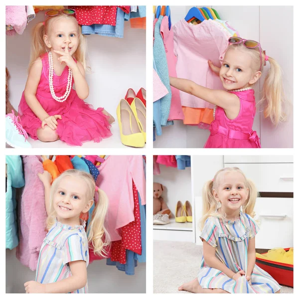 Set Little Girl Different Clothes Wardrobe Room — Stock Photo, Image