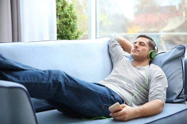 Relaxed Young Man Listening Music Home — Stock Photo, Image