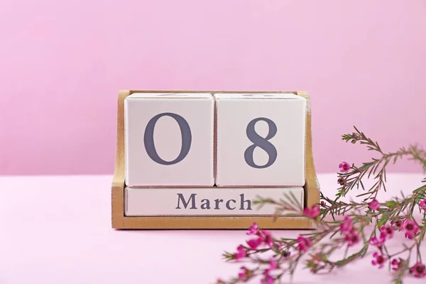 Block Calendar Flowers Color Background International Women Day Celebration — Stock Photo, Image