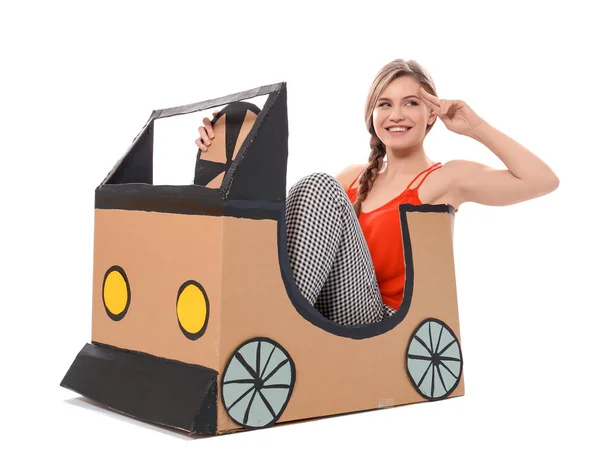 Young Woman Playing Cardboard Auto White Background Concept Buying New — Stock Photo, Image