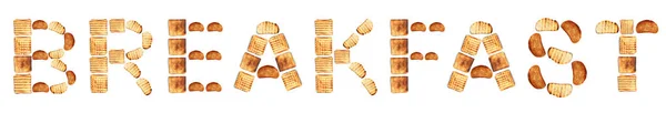 Слово BREAKFAST сделано из тостов ломтики хлеба на белом фоне — стоковое фото