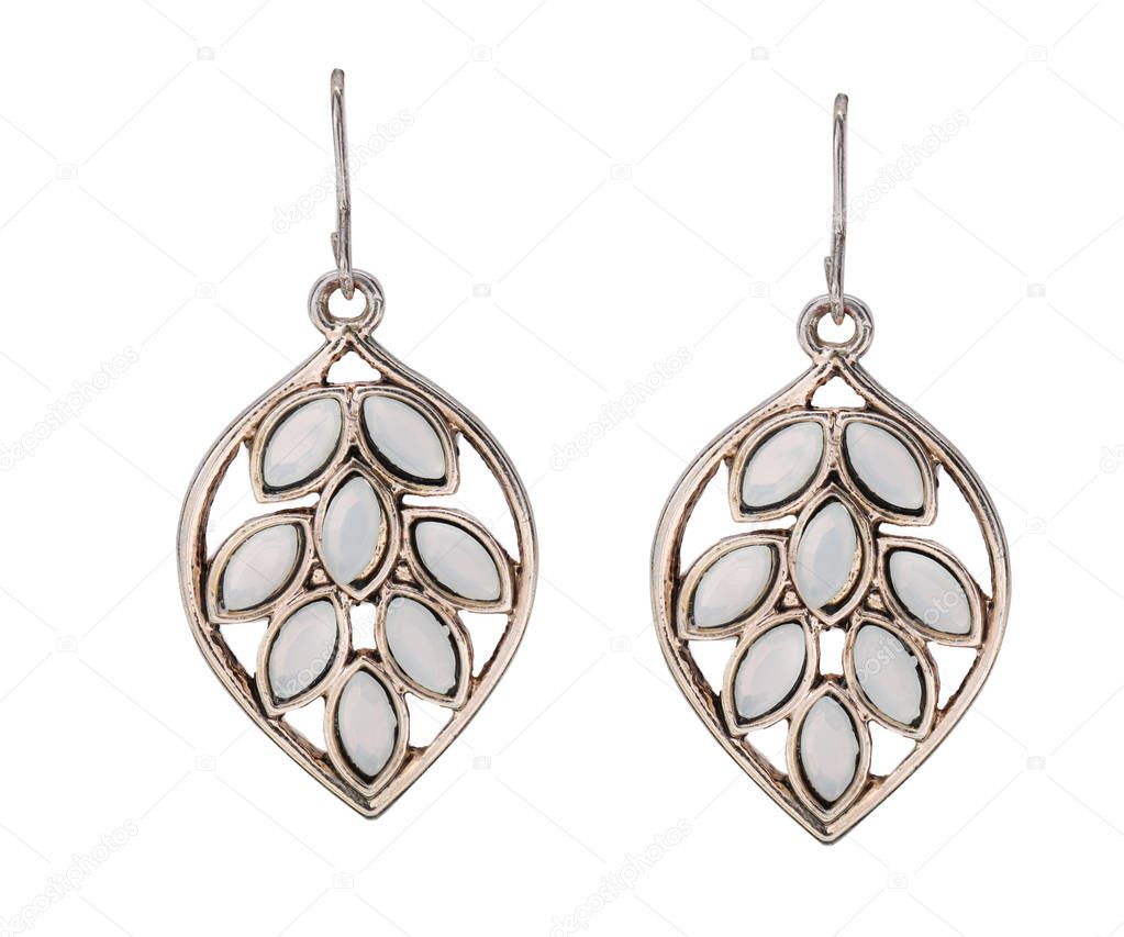 Pair of beautiful earrings on white background