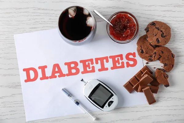 Composition Word Diabetes Sweets Digital Glucometer Wooden Background — Stock Photo, Image