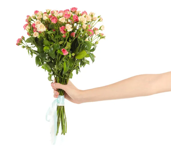 Donna con bellissimo bouquet di rose su sfondo bianco — Foto Stock