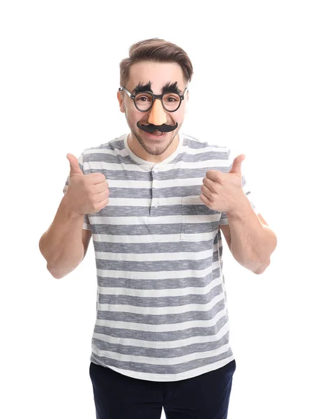 Young Man Funny Glasses White Background April Fool Day Celebration — Stock Photo, Image