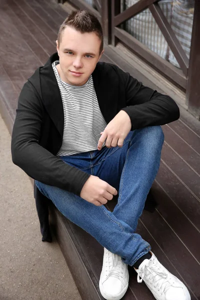 Hipster Teenager Sitting Doorstep Outdoors — Stock Photo, Image